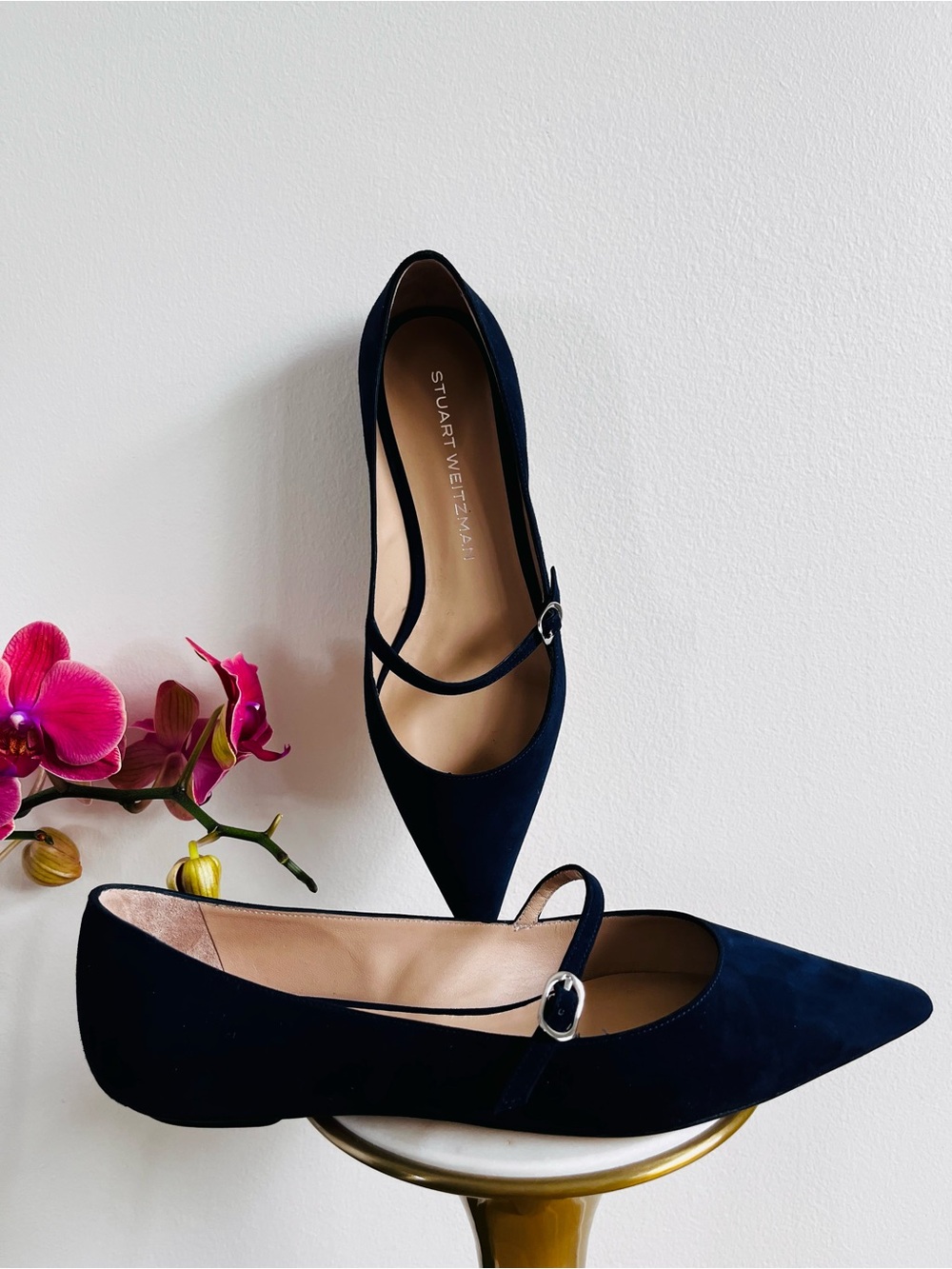 Stuart Weitzman Navy Suede Pointed Mary Jane Flats Size 8 New